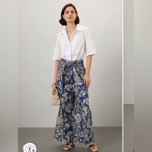Adam Lippes Blue and White Floral Wide-Leg Pants